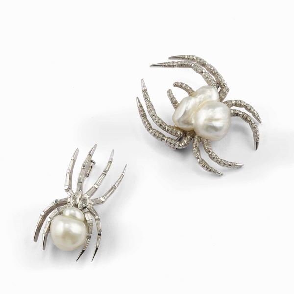Two pearl and diamond brooches