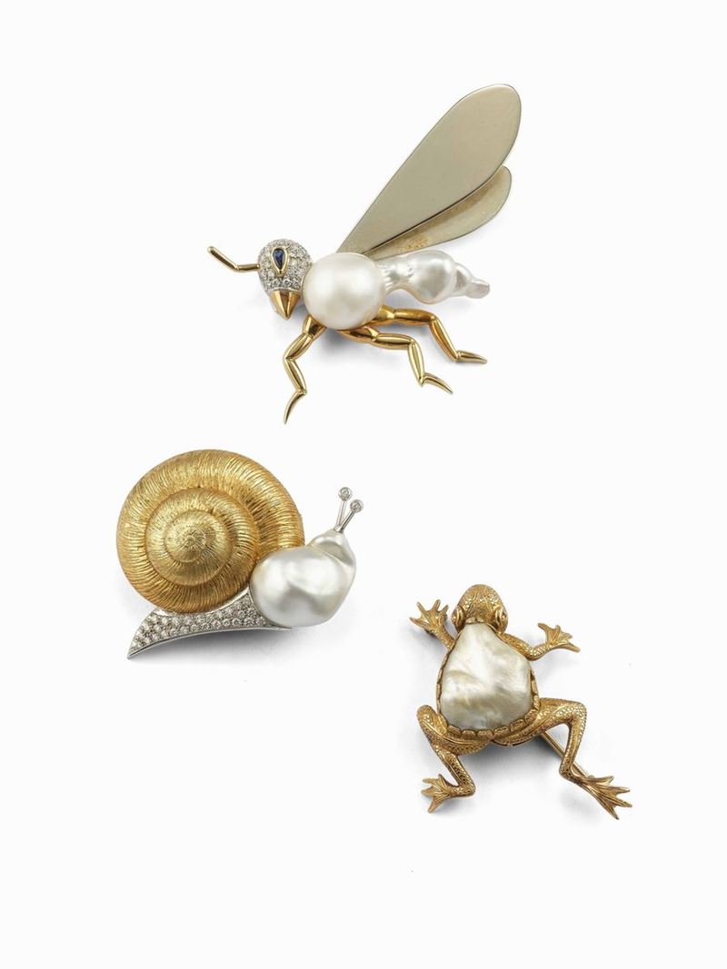 Three diamond, pearl and gold brooches  - Auction Fine Jewels - Cambi Casa d'Aste