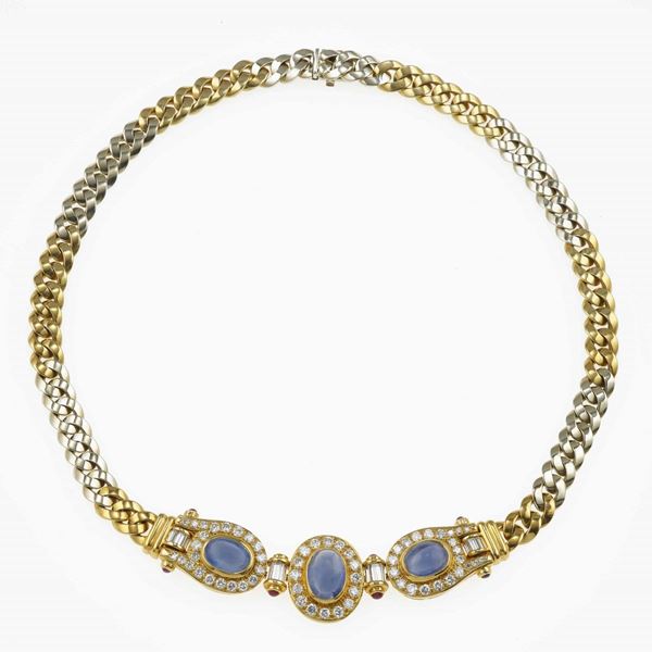 Sapphire, diamond and gold necklace