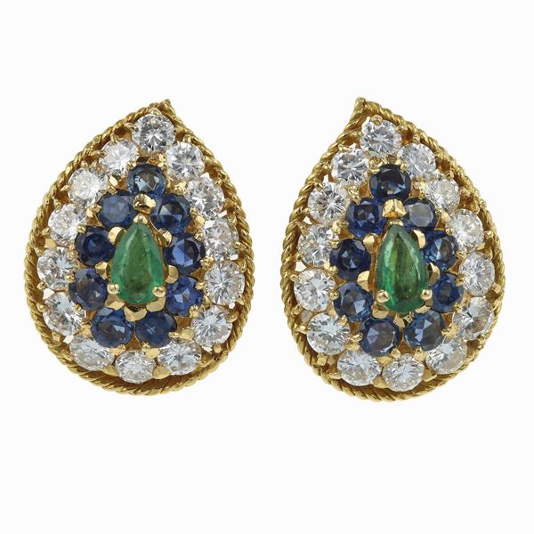 Pair of diamond, sapphire, emerald and gold earrings. Signed Cusi