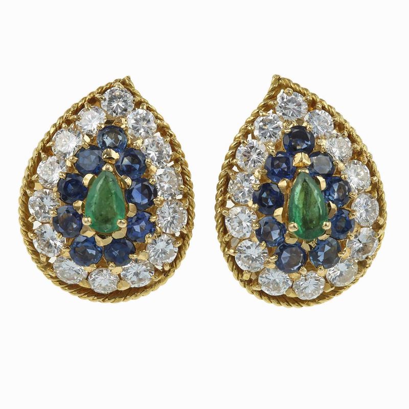 Pair of diamond, sapphire, emerald and gold earrings. Signed Cusi  - Auction Fine Jewels - Cambi Casa d'Aste