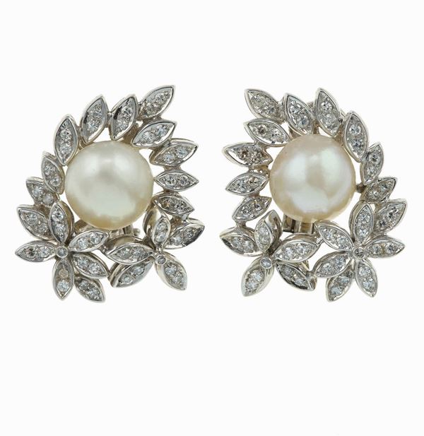 Pair of cultured pearl and diamond earrings
