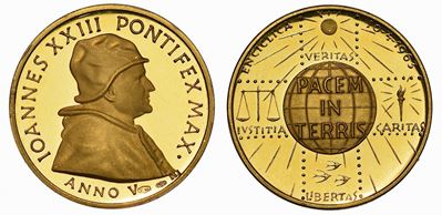 Vaticano. Giovanni XXIII, 1958-1963. Medaglia in Oro. Pace in Terra, Enciclica 10/4/63.