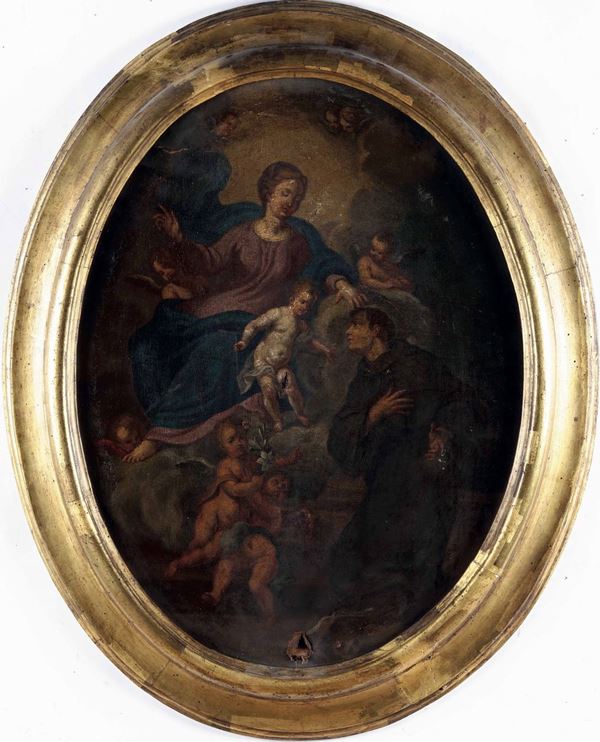 Scuola dell’Italia settentrionale del XVIII secolo San Francesco d’Assisi in adorazione della Vergine col Bambino e Angeli