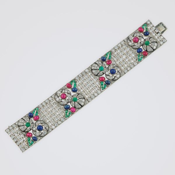 Diamond, enamel, emerald, sapphire, ruby and platinum bracelet. Signed Boucheron, Paris