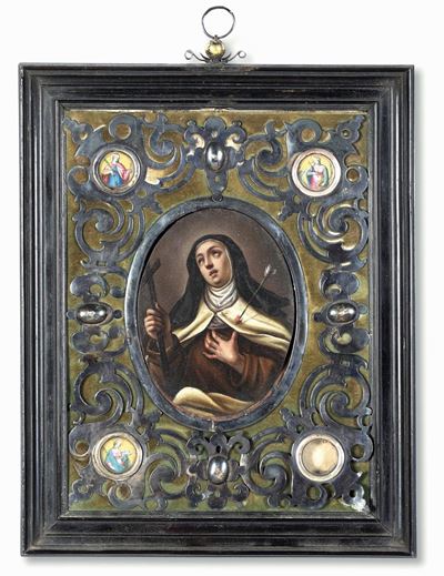 Cornice Lastronata in Ebano e Applicazioni in Argento e 4 Piccole Miniature Raffiguranti Santi su...
