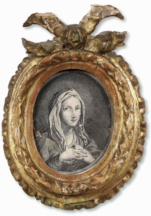 Piccola cornice ovale intagliata e dorata, Veneto XVIII secolo