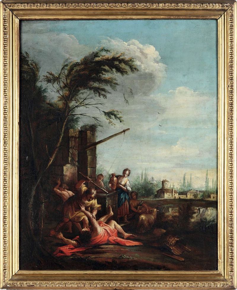 Scuola del XVIII secolo Rachele al pozzo  - olio su tela - Asta Dipinti Antichi - Cambi Casa d'Aste