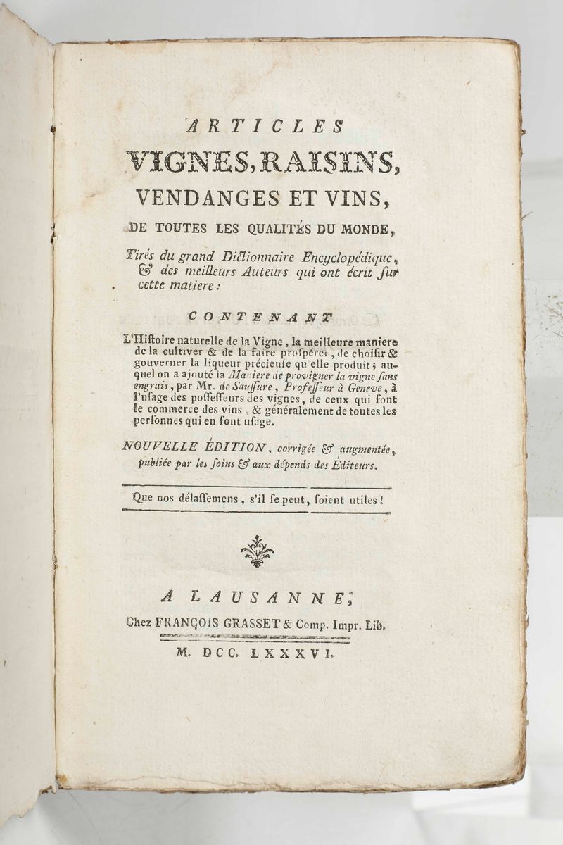Saussure Nicolas (monsieur De) Articles, Vignes, Raisins, Vendages Et Vins, De Touts Les Qualites...