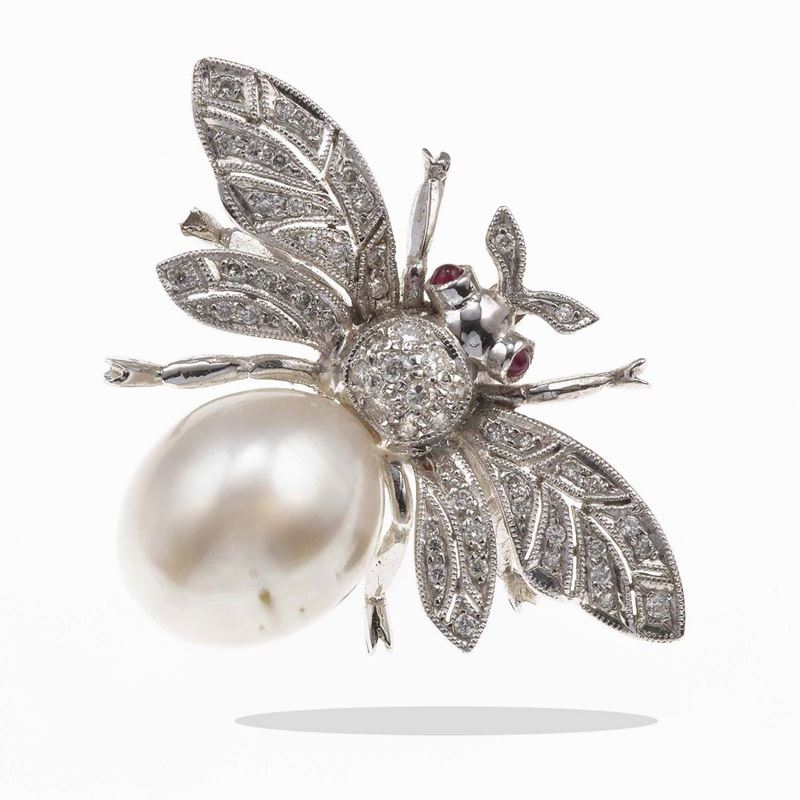 Cultured pearl and diamond brooch  - Auction Jewels - Cambi Casa d'Aste