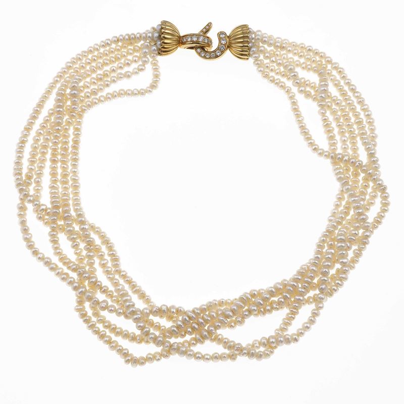 Cultured pearl, gold and diamond necklace  - Auction Jewels - Cambi Casa d'Aste