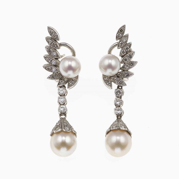Pair of diamond and cultured pearl earrings