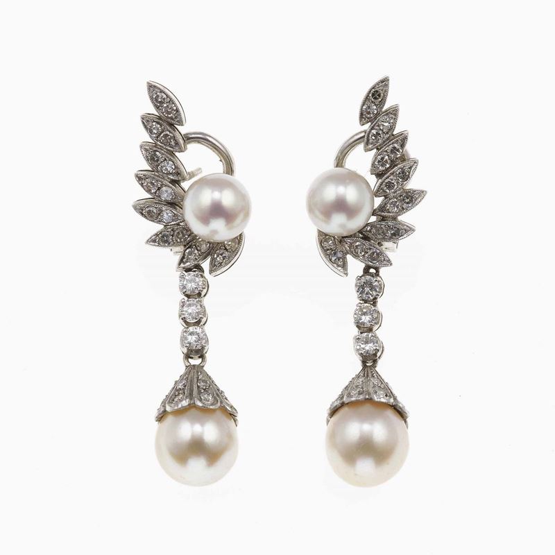 Pair of diamond and cultured pearl earrings  - Auction Jewels - Cambi Casa d'Aste