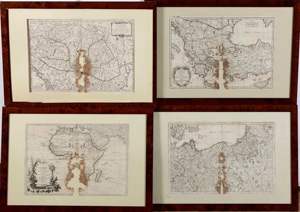 Quattro carte geografiche secolo XVIII, bruciature e difetti, entro cornice
