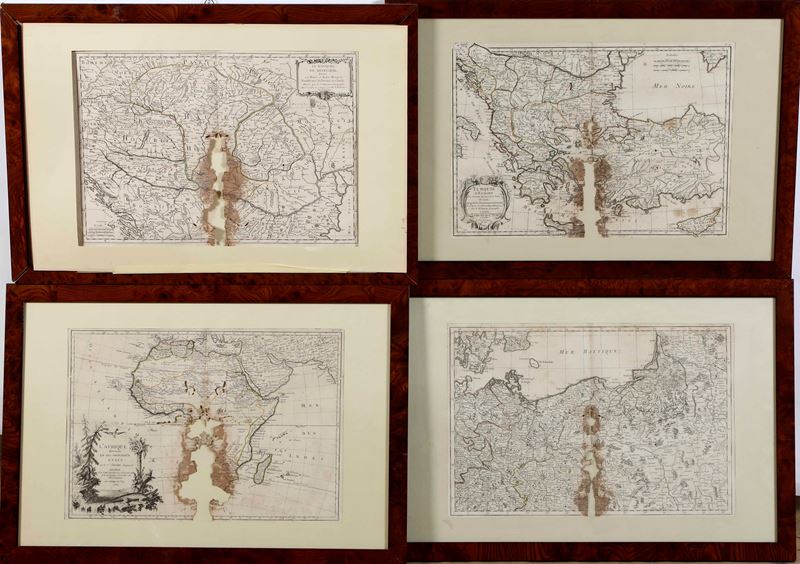 Quattro carte geografiche secolo XVIII, bruciature e difetti, entro cornice  - Auction Antique - Cambi Casa d'Aste