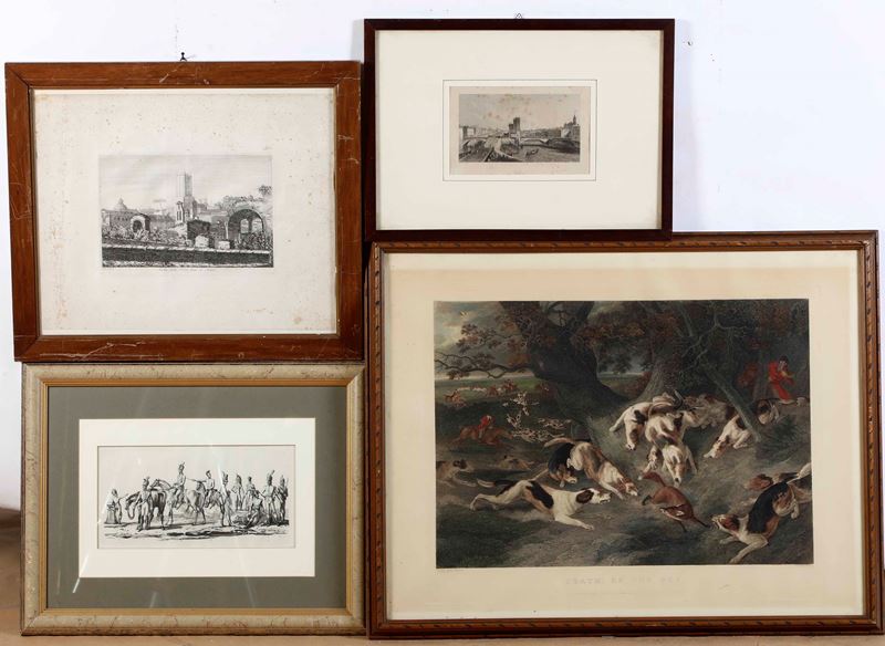 Scena di caccia e altre tre entro cornice, secolo XX  - Auction Antique - Cambi Casa d'Aste