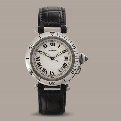 Cartier - Pasha in Acciaio, Quadrante Bianco Numeri Romani con Datario, Movimento Automatico e Ch...
