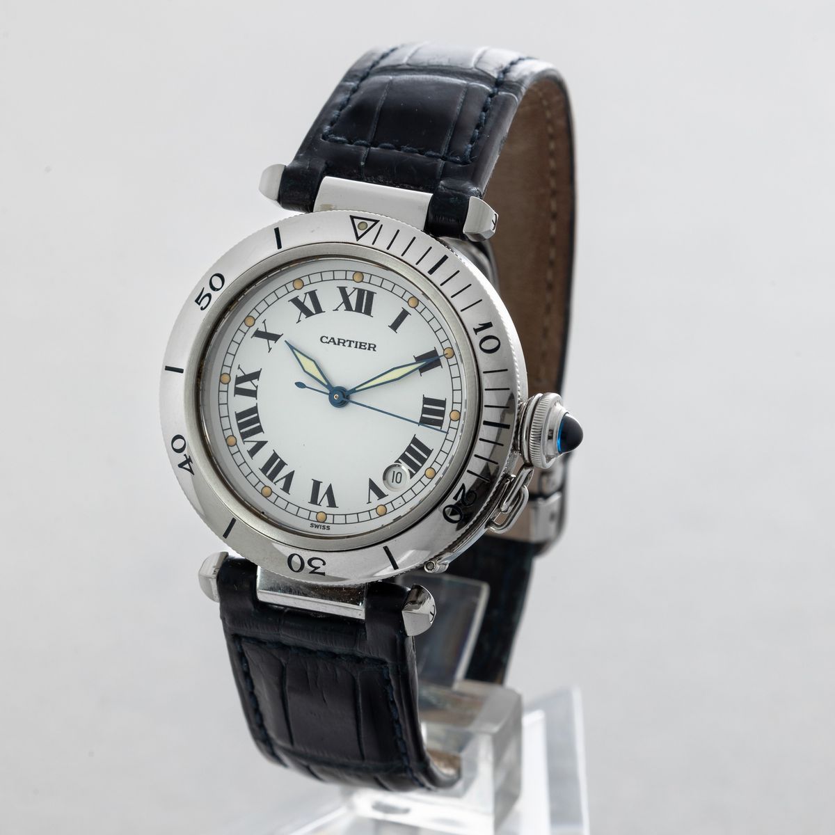 Cartier - Pasha in Acciaio, Quadrante Bianco Numeri Romani con Datario, Movimento Automatico e Ch...
