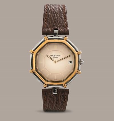 Gerald Genta - Orologio Solo Tempo con Datario al Quarzo, Acciaio e Oro, Cassa Ottagonale con Ans...