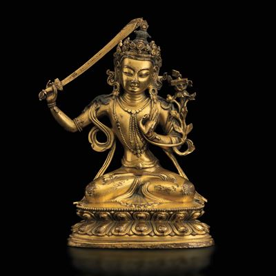 Figura di Divinità con Spada in Bronzo Dorato, Cina, Dinastia Qing, XVIII Secolo