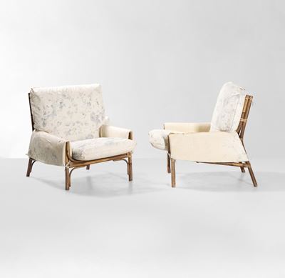 Due poltrone, struttura in bambù e rivestimenti in tessuto (produzione italiana, circa 1960)