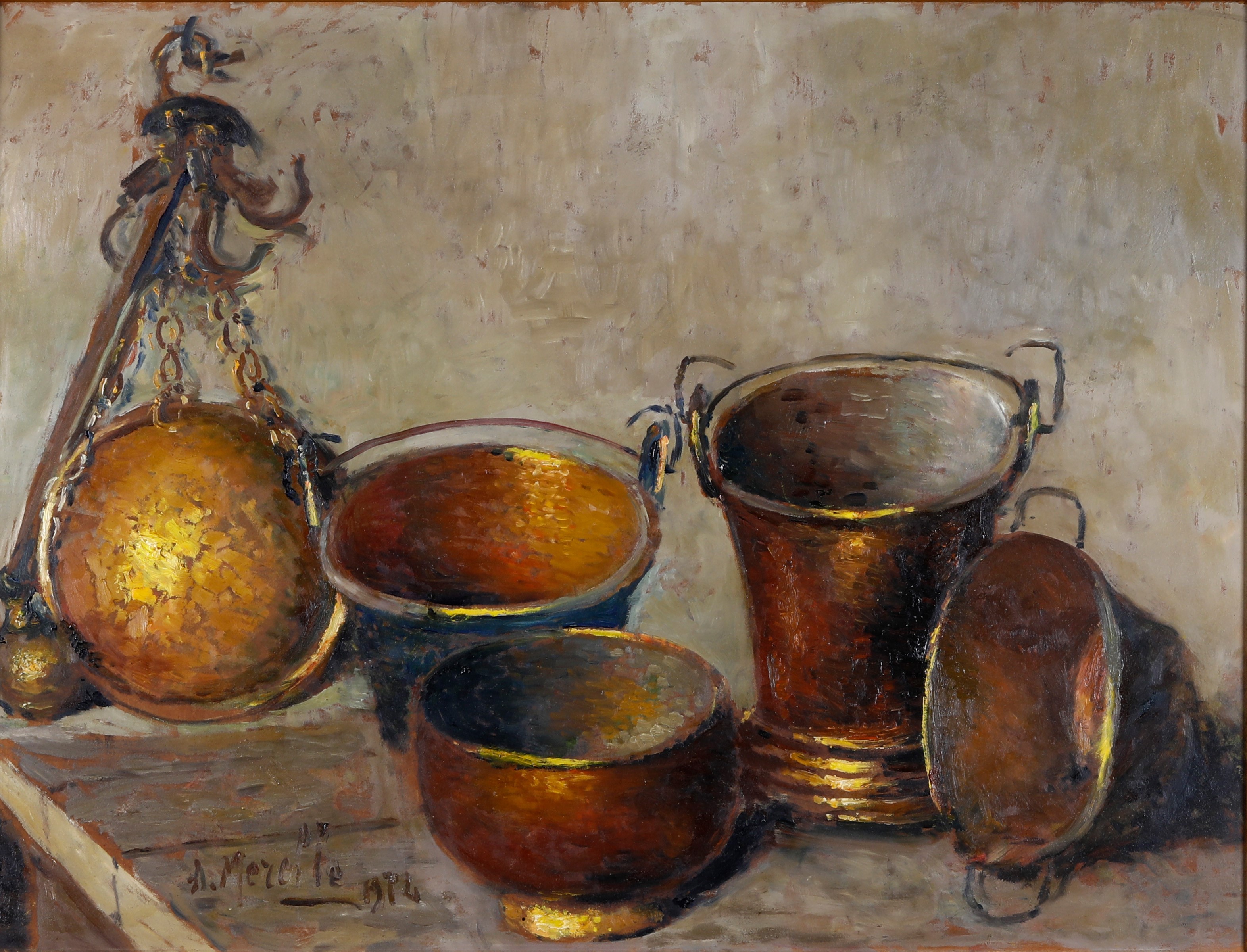 Amedeo Merello - Rami antichi in una cucina di Valpolcevera, olio su cartone