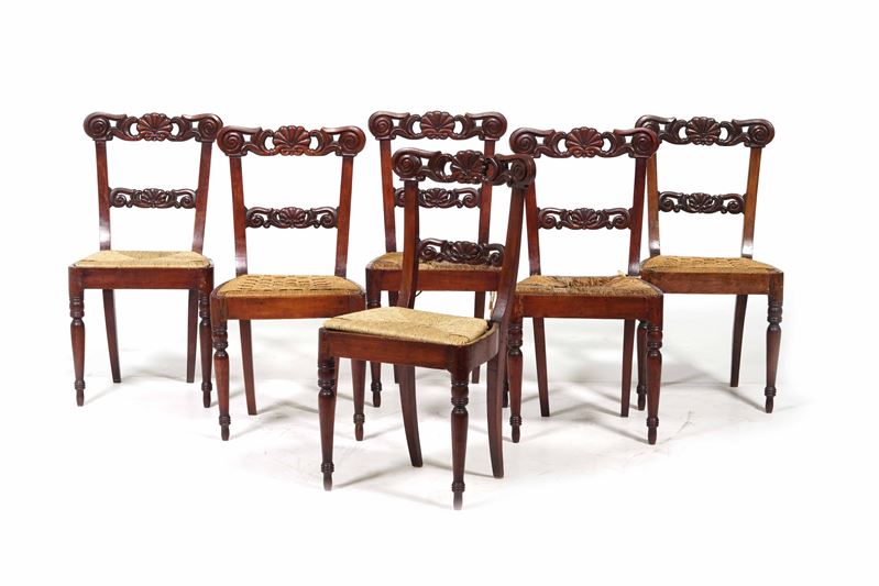 Sei sedie tipo Peters in legno intagliato. XIX secolo  - Auction Antique January - Cambi Casa d'Aste