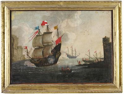 Scuola del XVIII secolo, Scontro navale, olio su tela