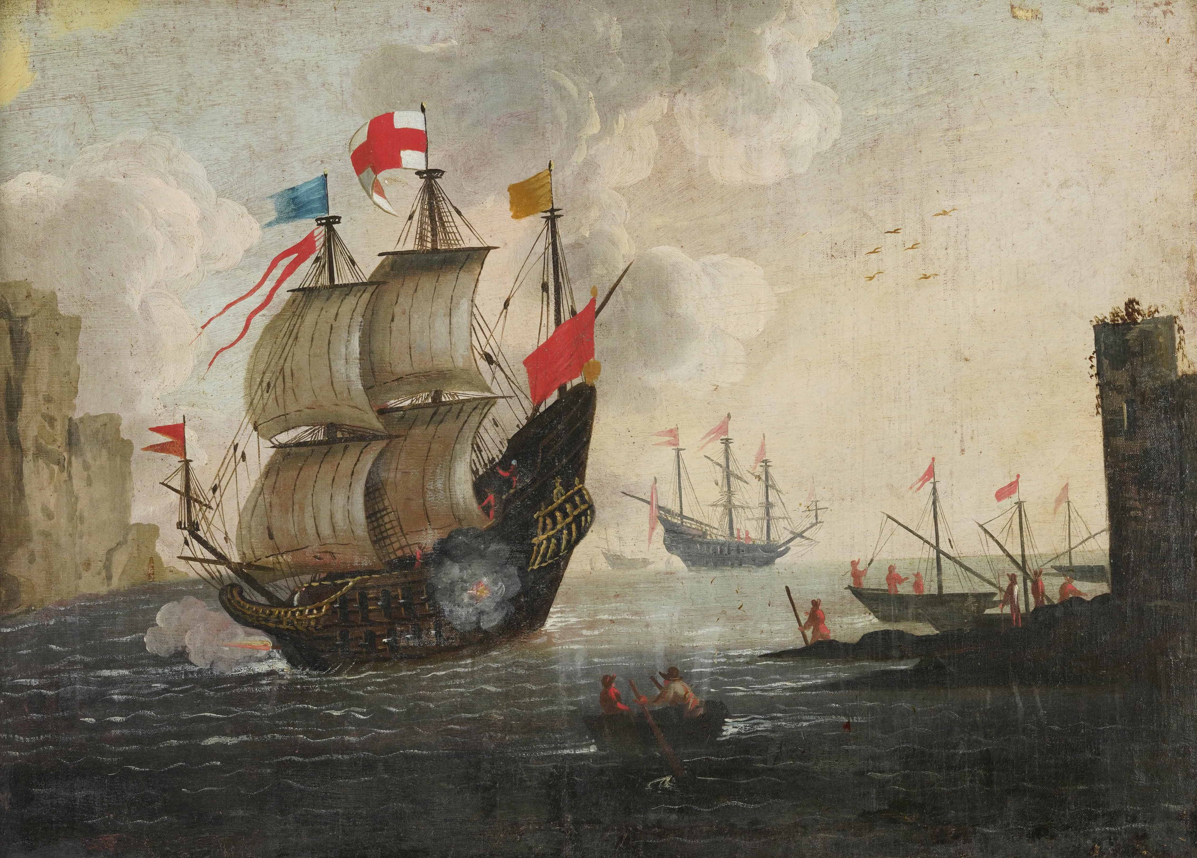Scuola del XVIII secolo, Scontro navale, olio su tela