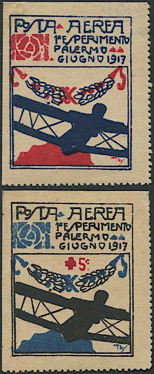 1917, Volo postale Palermo - Napoli, due serie di vignette emesse dal Circolo Filatelico di Palermo
