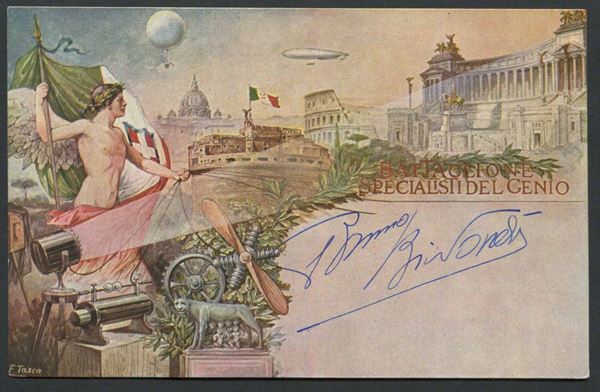 1912/13, due cartoline nuove: una Battaglione Specialisti del Genio e firma al recto del Ten. di Vascello Bruno Brivonesi