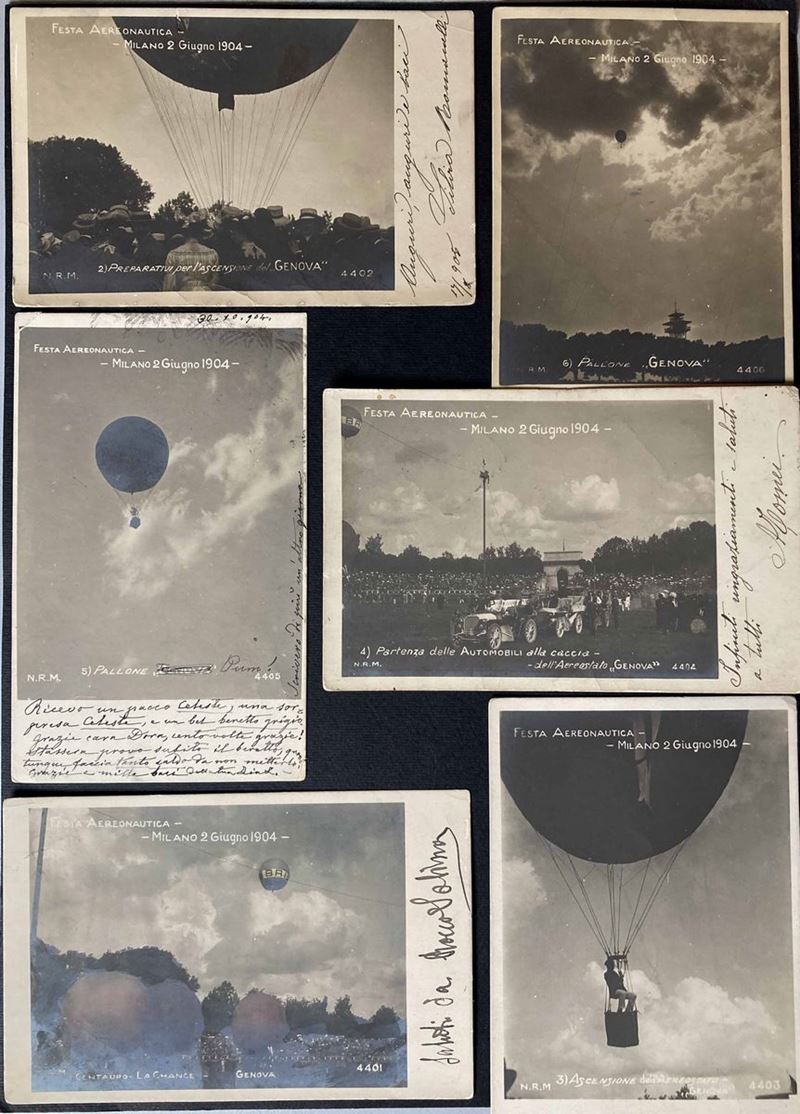 1904, Milano, Festa Aeronautica, serie di 6 cartoline fotografiche, due nuove e quattro viaggiate  - Auction Philately and Postal History - Cambi Casa d'Aste