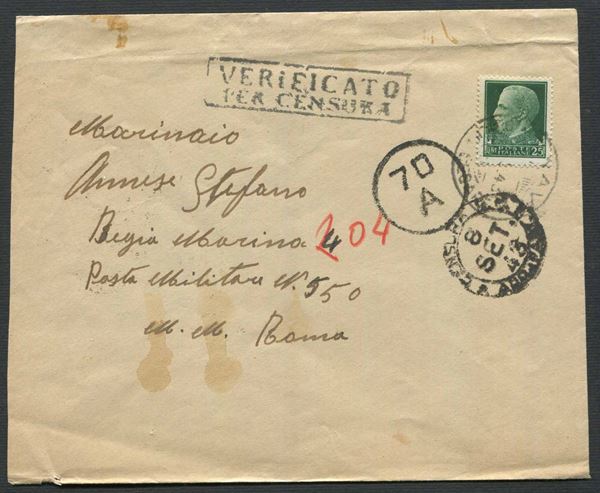 1943, Busta affrancata con 25 cent. "Imperiale", annullato dal timbro postale della R. Nave Giulio Cesare