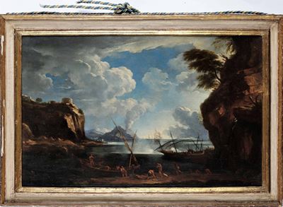 Paesaggio Costiero con Figure e Imbarcazioni