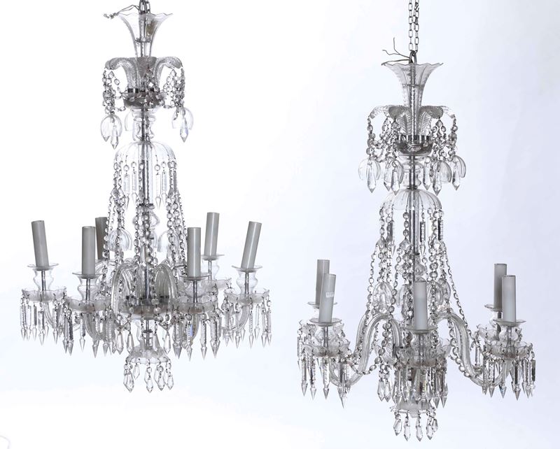 Coppia di lampadari a sei luci in cristallo, Boemia XX secolo  - Auction Antique April - Cambi Casa d'Aste