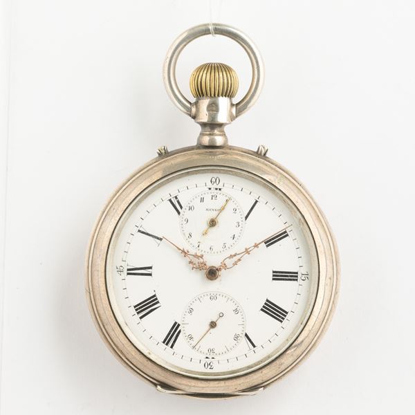 Orologio da tasca remontoir con svegliarino, scappamento ad ancora, quadrante in smalto bianco 1890/1900 circa