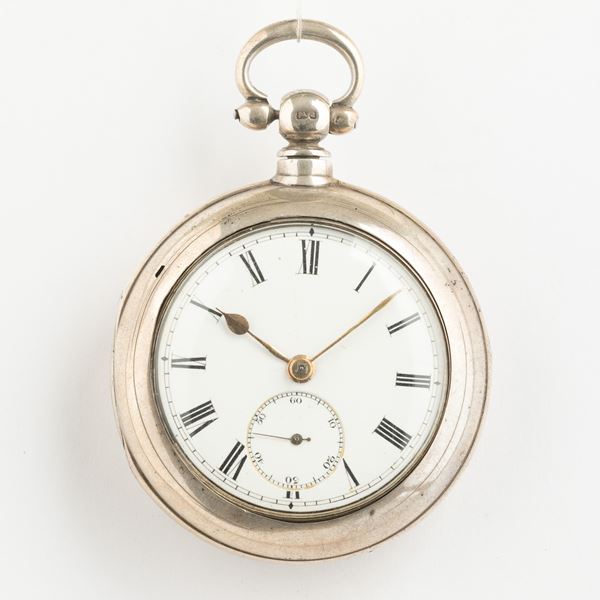 Orologio da tasca inglese, in doppia cassa in argento, movimento con scappamento ad ancora, quadrante in smalto 1890 circa