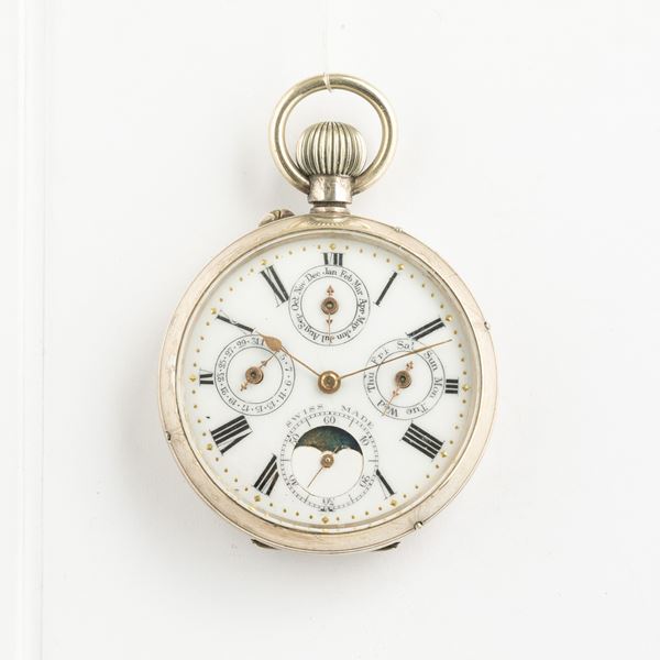 Orologio da tasca remontoir con calendario,1880 circa, movimento con scappamento ad ancora, quadrante in smalto bianco, cassa in argento 935