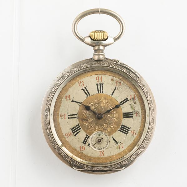 Orologio francese cassa in argento di grandi dimensioni, 67 mm , carica remontoir, movimento con scappamento ad ancora, quadrante in metallo, 1880-90 circa