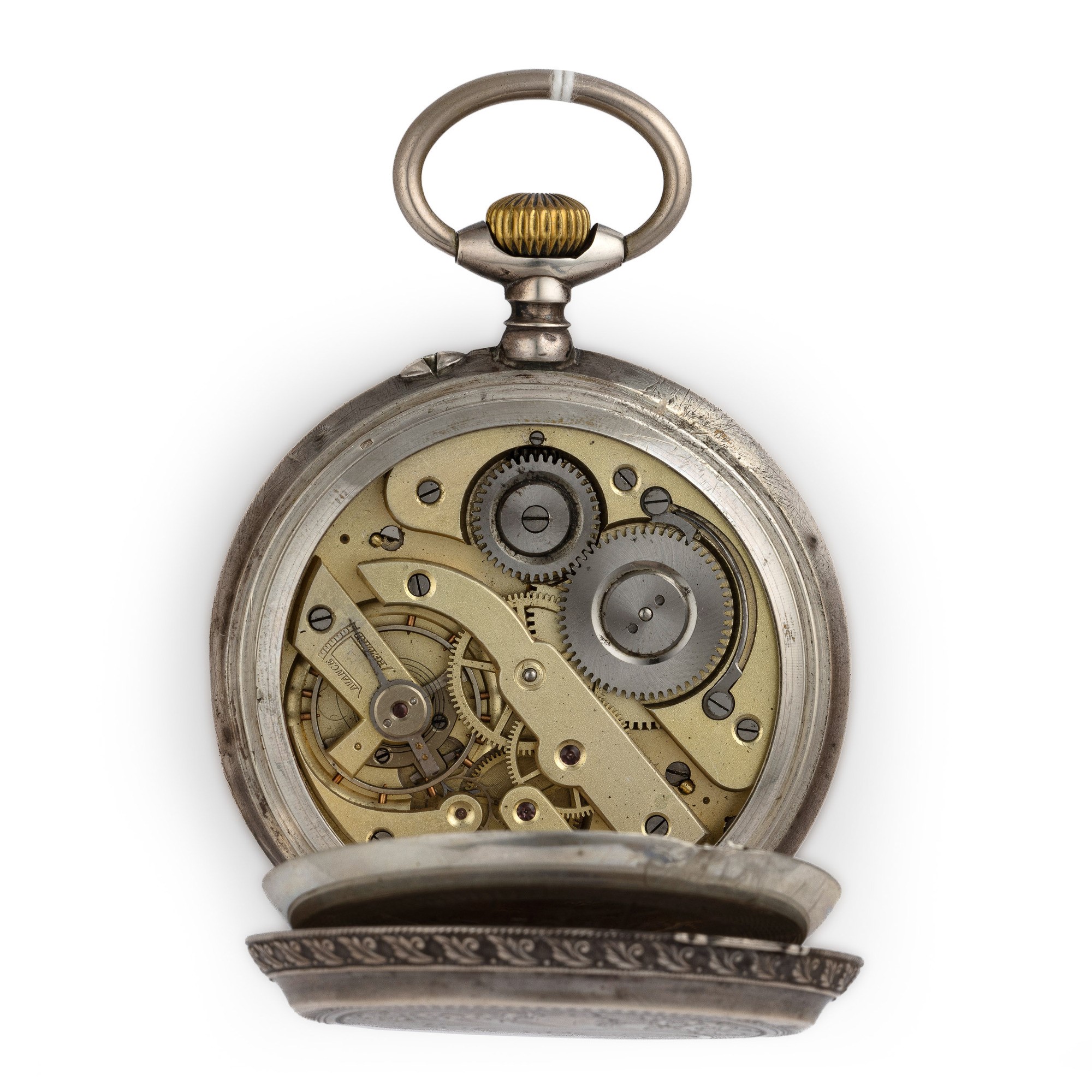 Orologio da tasca francese, cassa in argento decorata, quadrante bitonale con numeri Romani e Ara...