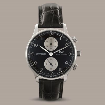 Iwc - Portoghese Cronografo in Acciaio Quadrante Nero con Contatori Argentè, Numeri Arabi, Movime...