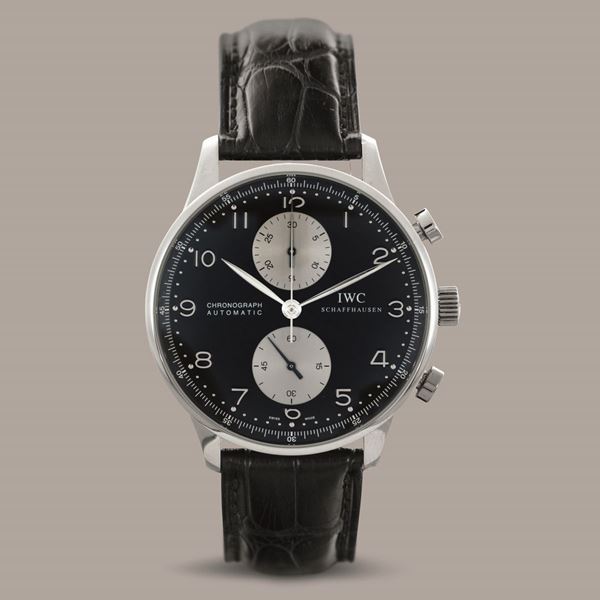 IWC - Portoghese cronografo in acciaio quadrante nero con contatori argentè, numeri Arabi, movimento automatico, mai indossato
