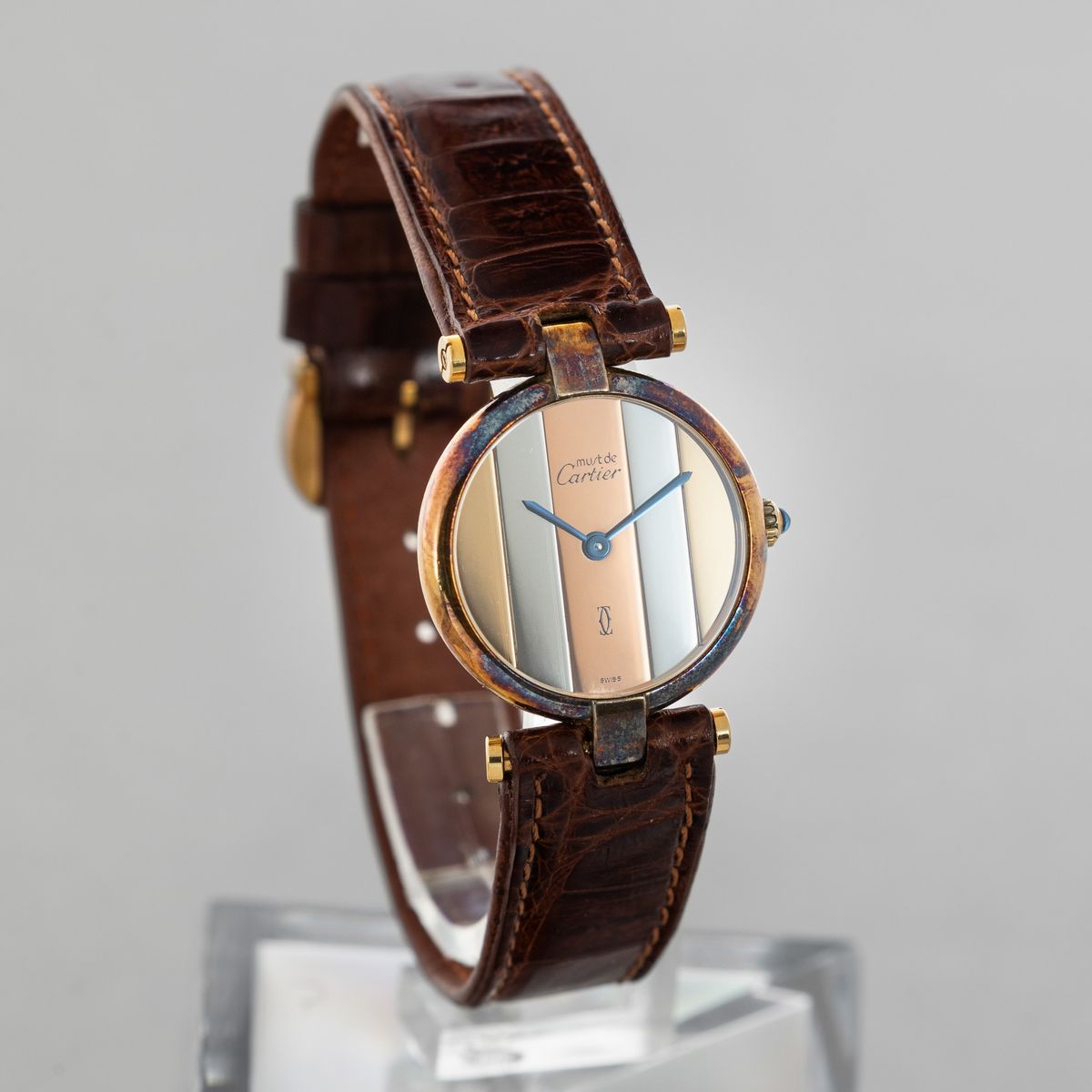 Cartier - Vendome Vermeil in Argento 925 Placcato Oro, Quadrante Trigold, Cinturino in Pelle con ...
