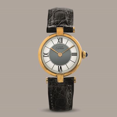 Cartier - Vendome Vermeil in Argento 925 Placcato Oro, Quadrante Bitonale, Cinturino in Pelle con...