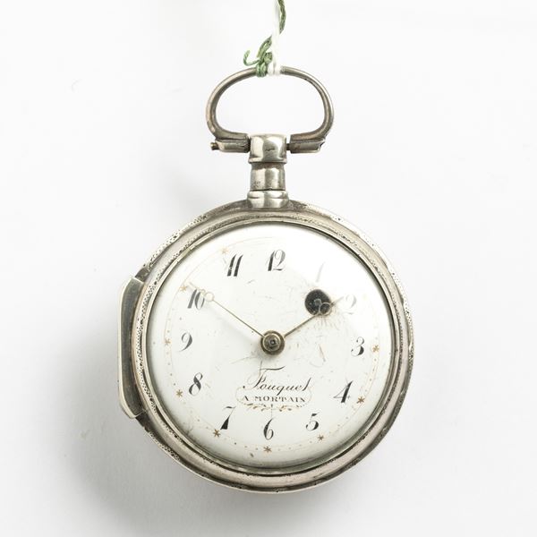 Fouquet a Mortain orologio da tasca in stile “Paysan” in argento, 1820 circa, movimento con scappamento a verga e conoide, quadrante in smalto bianco, carica a chiavetta.
