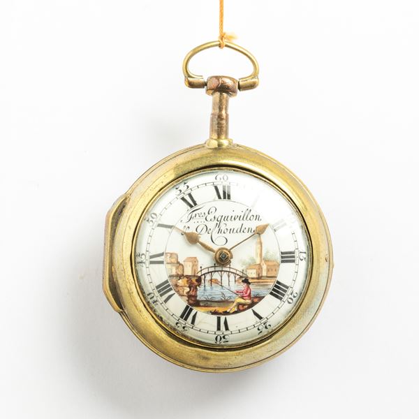 Esquivillon & De Chouden orologio da tasca in doppia cassa in ottone dorato al mercurio, 1790 circa, scappamento a verga e conoide, quadrante in smalto bianco con miniatura al centro
