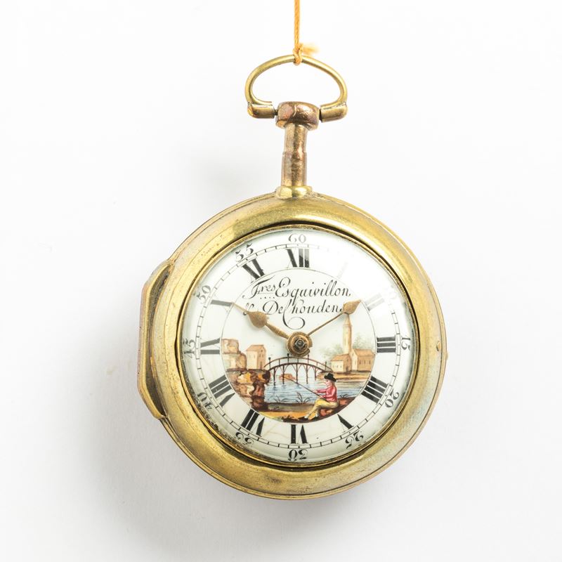 Esquivillon & De Chouden orologio da tasca in doppia cassa in ottone dorato al mercurio, 1790 circa, scappamento a verga e conoide, quadrante in smalto bianco con miniatura al centro  - Asta Pocket Watches - Cambi Casa d'Aste