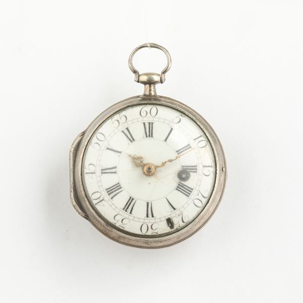 “Niel a Marseille” orologio da tasca in argento, epoca Luigi XV,  movimento con scappamento a verga e conoide, quadrante in smalto bianco (da revisionare non funzionante)