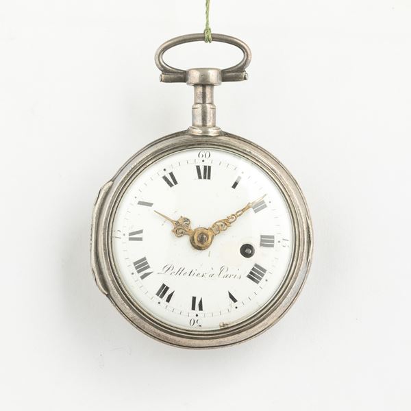 “Pelletier a Paris” orologio da tasca in argento, 1820-1830, movimento con scappamento a verga, quadrante in smalto bianco (restaurato)