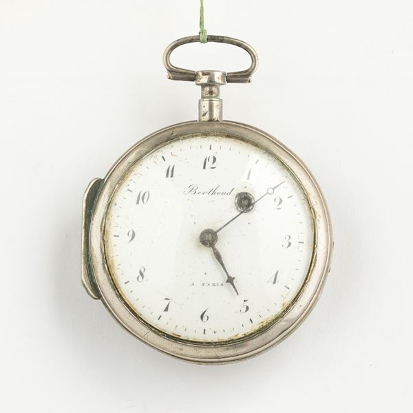 “Berthoud a Paris” , orologio da tasca cassa in argento, 1820 circa, scappamento a verga e conoide, quadrante in smalto bianco